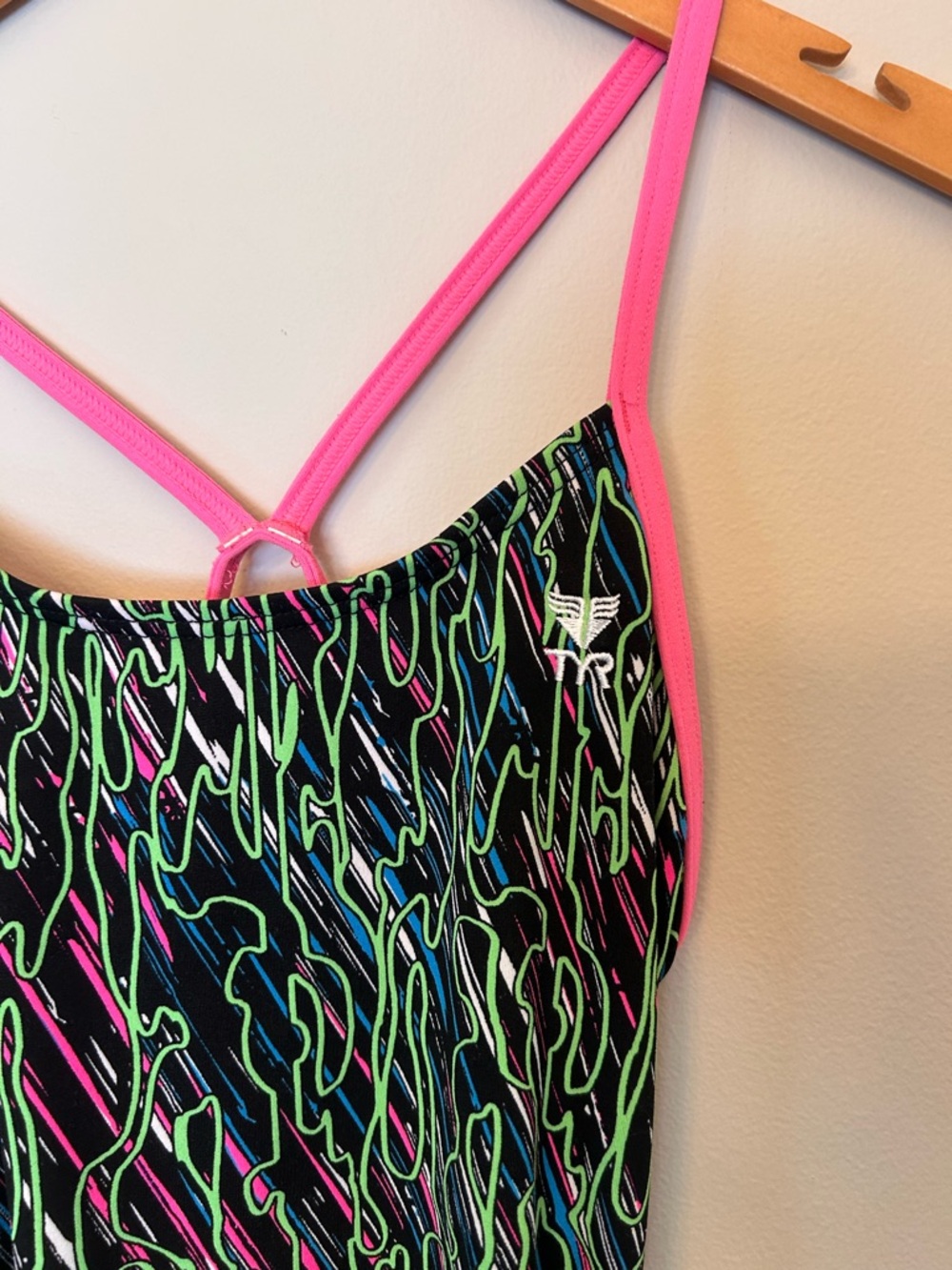 TYR Black One-Piece with Neon Pink Trim and Multicolor Neon Print